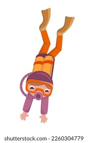 Scuba Diver with mask and snorkel and oxygen tanks in suit. Cartoon illustration. Vector image, isolated icon on white background for scene design, games, posters. 
