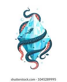 Scuba Diver in Ocean Crystal with Octopus. Concept print emblem design for scuba diving.Vector illustration.
