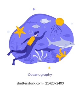 Scuba Diver, Oceanologist Or Oceanographer Diving In Sea. Concept Of Oceanography Science, Oceanology, Scientific Study Of Oceans, Marine Biology. Modern Flat Vector Illustration For Banner, Poster.