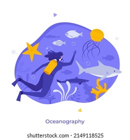 Scuba diver, oceanologist or oceanographer diving in sea. Concept of oceanography science, oceanology, scientific study of oceans, marine biology. Modern flat vector illustration for banner, poster.