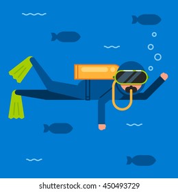 Scuba diver on blue background with fish. Extreme diving sport. Underwater people diver. Simple vector flat illustration