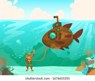 Scuba diver on sea floor, study the flora, fauna, flat vector illustration. Design submarine, male character. Sea inhabitant swim in ocean water. Web banner, template for website, page.