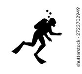 Scuba diver outline with gear and bubbles represents underwater sport and adventure