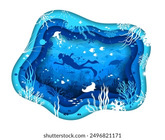 Tauchen auf Papier schneiden Unterwasserlandschaft. 3D-Vektor Meer und Ozean Boden Papierschnitt Rahmen mit menschlichen Figur Silhouette Tauchen oder Schwimmen inmitten von Fischen und Riffen mit versunkenen Schiff auf dem Hintergrund