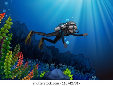 Scuba diver in a reef illustration