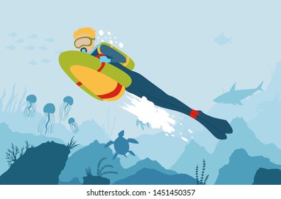 Scuba Diver with sea bob explores the bottom of the sea. Vector cartoon style underwater background with sea flora and fauna. Coral reef, sea plants and fishes silhouettes. Diving club banner.