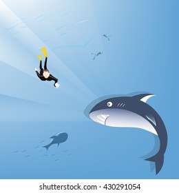 Scuba diver and shark under deep sea (Illustration cartoon design)