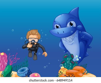Scuba diver and shark underwater illustration