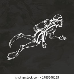 Scuba Diver Silhouette Hand Drawn Sketch Engraving Style Retro Vintage Vector Illustration