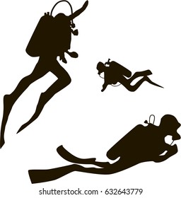 Scuba diver silhouettes. Diving people on white background. Vector illustration