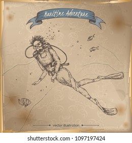 Scuba diver sketch. Maritime adveture series. Great for travel ads and brochures, sailing and tourist illustrations.