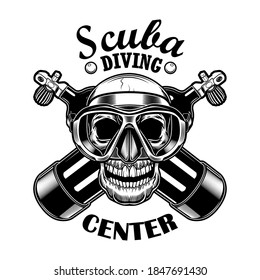 Scuba diver skull vector illustration. Head of skeleton with mask, crossed oxygen balloons from aqualung, text. Seaside activity concept for diving club emblems or labels templates