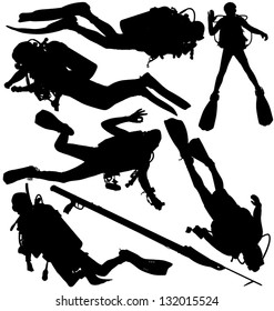 Scuba Diver And Speargun Vector Silhouettes. Layered And Fully Editable