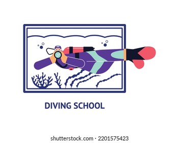 Scuba diver in special suit with fins and oxygen tank, horizontal pose flat style, vector illustration isolated on white background. Diving school, silhouette of corals and seaweeds