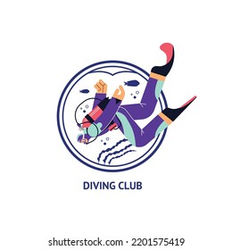 Scuba diver in special suit with oxygen tank floats down flat style, vector illustration isolated on white background. Blue round frame with silhouettes of fishes and seaweeds