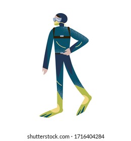 Scuba diver standing with one hand on the belt in wetsuit, flippers, and aqualung. Vector illustration in the flat cartoon style.