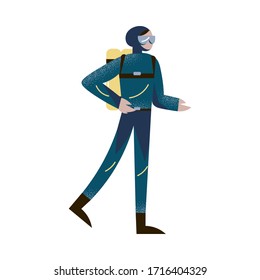 Scuba diver standing with one hand on the belt in wetsuit, flippers, and aqualung. Vector illustration in the flat cartoon style.
