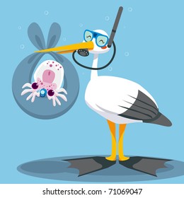 Scuba diver stork delivering a newborn baby squid underwater on a blue blanket