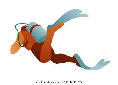 A scuba diver in a suit swims with fins on a white background. Underwater swimming. Character in scuba gear, underwater currents, explorer of water depths. Modern flat design.