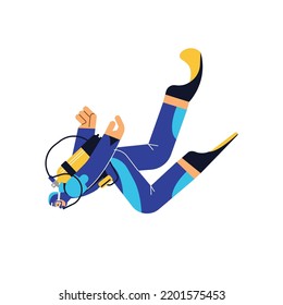 Scuba diver swimming to the bottom of the ocean or sea, flat vector illustration isolated on white. Character in wetsuit, mask and oxygen tank. Concepts of adventures, sport, summer vacation.