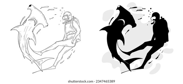 Scuba diver swimming a hammerhead shark