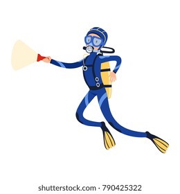 Scuba diver swimming in the ocean with flashlight in hand. Man in special diving costume, mask, flippers and equipment for breathing gas. Flat vector design