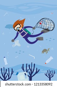 Scuba diver swimming on coral reefs and fish Vector illustration of pollution cleaning trash from ocean