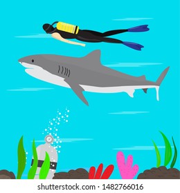 Scuba diver swimming over the coral reef with a shark. Scuba diving concept - Vector