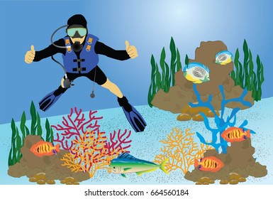 scuba diver swimming over the live coral reef with fishes, A vector illustration of a scuba diver diving in the ocean