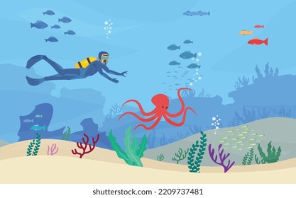 Scuba diver swimming in special suit with oxygen balloon, flippers and mask flat style, vector illustration. Underwater world, fishes, octopus and seaweed. Underwater exploration