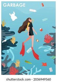Scuba diver swimming under water surrounded by floating plastic garbage, flat vector illustration. Water pollution.