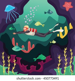 Scuba diver swimming under water, cartoon vector illustration. Underwater sport scuba snorkeling, aquatic adventure. Beautiful marine landscape, fish and corals