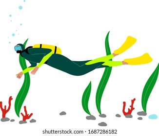 Scuba diver swimming underwater and diving with fishes in deep-sea or ocean. Vector illustration in the flat cartoon style.