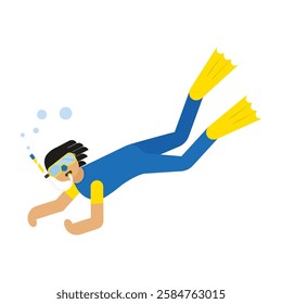 scuba diver swimming underwater, flat vector illustration of snorkeling man isolated on white