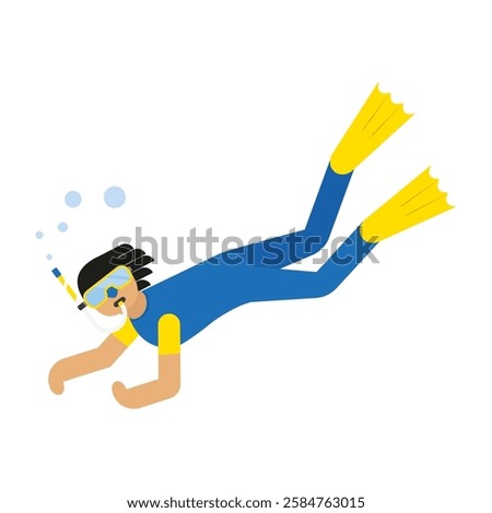 scuba diver swimming underwater, flat vector illustration of snorkeling man isolated on white