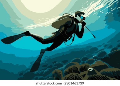 Scuba diver swims in the ocean. Diving. Illustration of diving in the ocean.