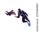 Scuba diver takes photo underwater. Swimmers with aqualung, fins photography with thumbs up gesture during diving into ocean. Photographer swimming in sea. Flat isolated vector illustration on white