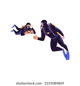 Scuba diver takes photo underwater. Swimmers with aqualung, fins photography with thumbs up gesture during diving into ocean. Photographer swimming in sea. Flat isolated vector illustration on white