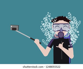 Scuba diver taking photo with selfie stick underwater vector illustration