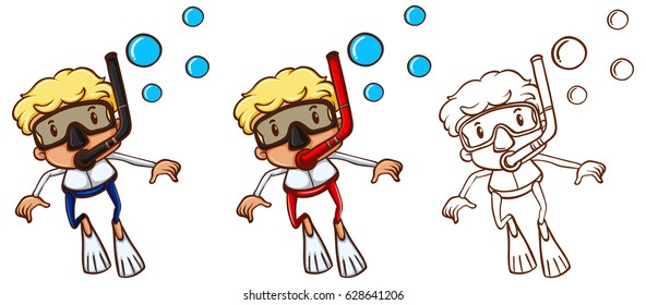 Scuba diver in three different drawing styles illustration