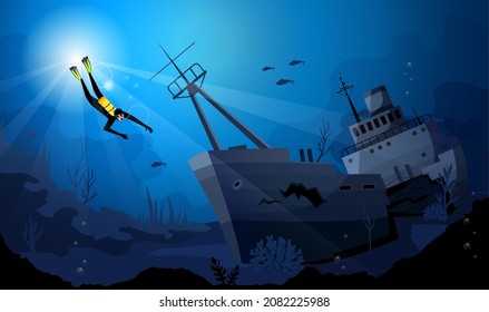 Buceador de Scuba bajo el agua azul oscuro explorar barco hundido, barco naufragado en el mar, fondo oceánico con arrecife de coral, peces en segundo plano, vigas solares o lunares a través de la cubierta del agua. Ilustración del vector