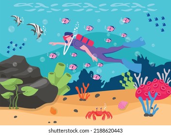 Scuba Diver under sea concept, exploring the sea life vector icon design, wildlife seabed scenery symbol, Tropical Sea Under Water Surface stock illustration, 