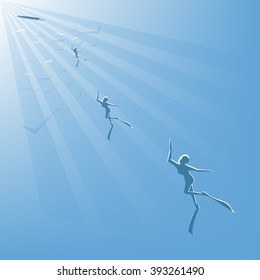 Scuba diver underwater. deep sea  with sun lighting  (Sport concept cartoon illustration)