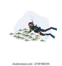 Scuba diver underwater exploration with school of fish