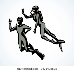 Scuba diver underwater. Vector drawing