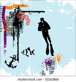 Scuba diver underwater,grunge vector illustration
