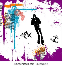 Scuba diver underwater,grunge vector illustration