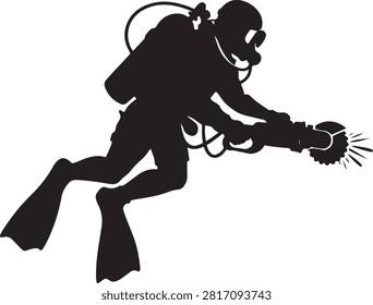 Scuba diver using underwater power tool silhouette vector on white backgraound
