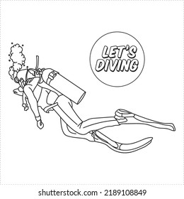 Scuba diver vector illustration in line draw style, perfect for tshirt design and coloring book design