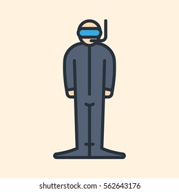 Scuba Diver Wetsuit Mask Character Minimal Colorful Flat Line Stroke Icon Pictogram Symbol Illustration